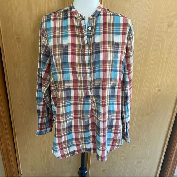 Trovata Birds of Paradis • Colour Plaid Hidden Placket Henley Blouse - Picture 2 of 12